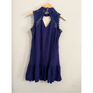 Skies Are Blue Lace Mini Dress Womens XS Navy Blue Ruffle Mock Neck Open Back thumbnail 3