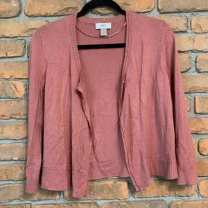 LOFT Cardigan Sweater Womens‎ XS Pink Open Front Knit Lightweight Casual Cropped thumbnail 1