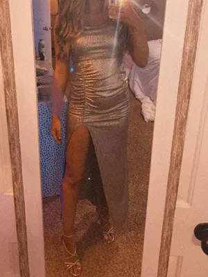 Speechless Metallic Gold Ruched Maxi Dress with Spaghetti Straps thumbnail 2