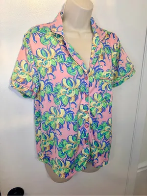 Lauren James LJ Size M Pink Tropical Floral Short Sleeve Pajama Top Sleep Shirt thumbnail 4
