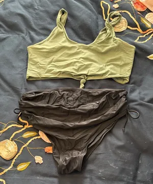 Olive Crop Tank & Black High-Waist Bikini Bottoms - Women Swim Set thumbnail 1