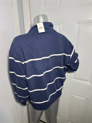 Marine Layer Cloud 9 Fleece Half Zip Sweatshirt NWT Size Large Navy Blue Stripe thumbnail 7