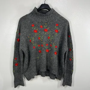 Umgee Floral Embroidered Mock Neck Sweater Women Gray Cottagecore Cozy‎ Boxy thumbnail 2