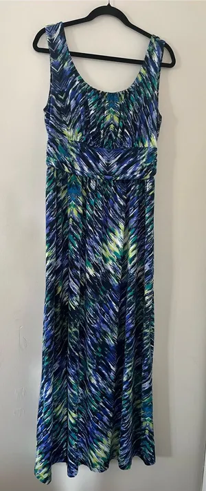 AB Studio Blue Green Abstract Maxi Dress Large Stretch Sleeveless Vacation Resort Flowy thumbnail 1