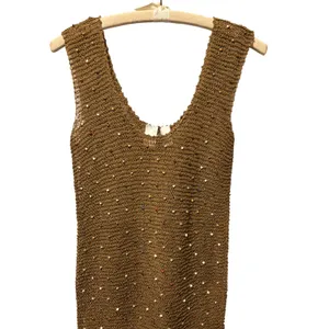 Vicky Moreinis Brown Knit Beaded Swimwear Cover up Dress Beaded Fringe Stretch thumbnail 4