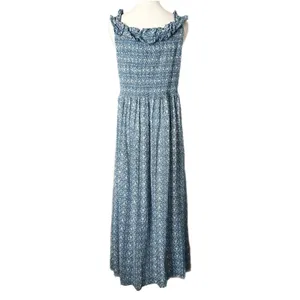Gal Meets Glam Blue Floral Smocked Ruffle Maxi Dress 100% Cotton Size 16 thumbnail 4