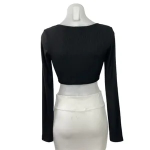 Princess Polly Womens Black Ribbed Knit V Neck Long Sleeve Ruched Tie Crop Top 6 thumbnail 3
