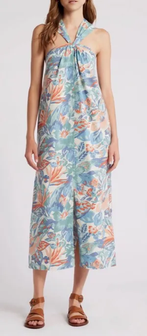 Faherty Bay Twist Seersucker Halter Midi Dress Floral Pastel Blue & Coral Sz XL thumbnail 1