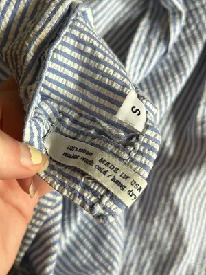 Jill Mogowan blue white striped button down shirt USA cotton small see stains thumbnail 12