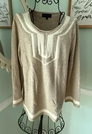 FRENCH CURVE large Sweater Cashmere Tan Oatmeal Cream‎ Top Pull Over Round Neck thumbnail 1