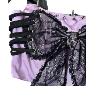 Dolls Kill Bow Lace Up Corset Top Size S Purple Black Ribbon Spikes Safety Pin thumbnail 3