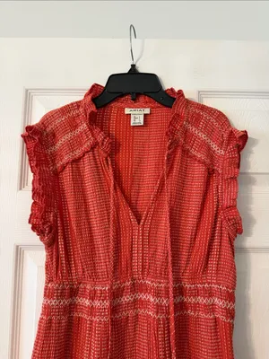 Ariat Coral-Red Tiered Maxi Dress with Tassel Tie size S excellent condition thumbnail 3