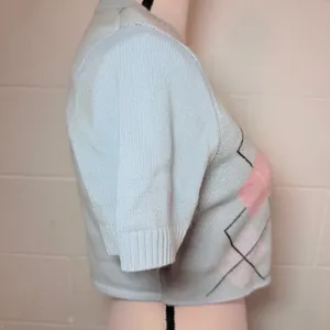 Divided Light Blue and Pink Argyle Short Sleeve Cropped Sweater thumbnail 4