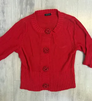madison leigh Red Cropped Knit Cardigan with Decorative Buttons thumbnail 1