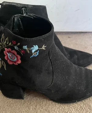 Unisa Black Suede Ankle Boots with Blue and Pink Floral Embroidery thumbnail 1