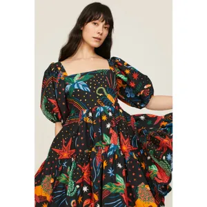 Farm Rio Zodiac Print Black Puff Sleeve Square Neck Babydoll Mini Dress Size M thumbnail 4