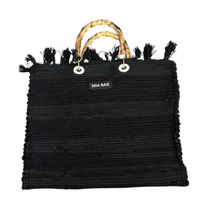 Mia Gypsy Bag Black Woven Tote Fringed Bamboo Handle Boho Handbag thumbnail 1