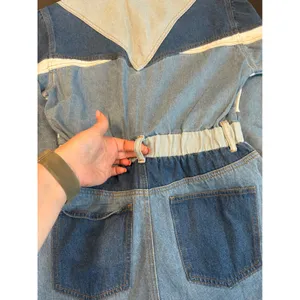 Signature 8 Women Multi Tone Denim Colorblock Romper Long Sleeve Blue Small NEW thumbnail 7