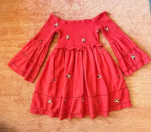 Free People Red Off Shoulder Embroidered Dress Size M thumbnail 1