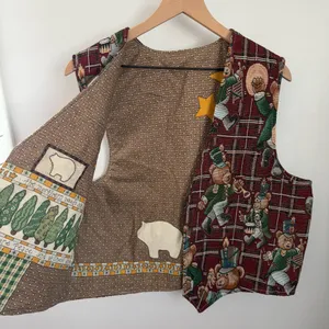 Vintage Retro Open Vest‎ Christmas Bear Nutcracker Red Plaid Relaxed Oversized thumbnail 2