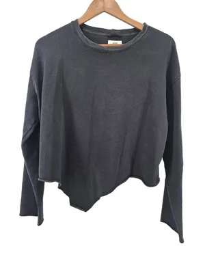Aerie Sweatshirt Womens Medium Gray Cropped Asymmetrical Hem‎ Raw Edge Crew Neck thumbnail 1