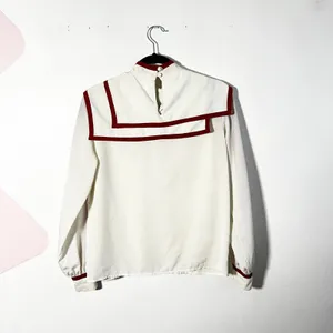 Vintage 90s 80s‎ Blouse Top Womens 10 Cream Bib Collar Retro Nautical Career thumbnail 2