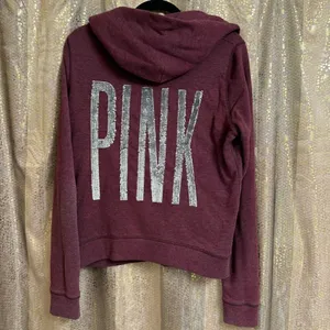 PINK Victorias Secret Maroon Silver Logo Sequin Bling Hoodie Zip Sweater Medium thumbnail 2