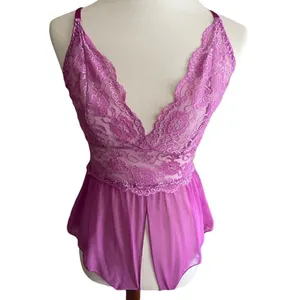 Gorgeous! Lilac Satin Lace Rose Negligee Open Crotch S thumbnail 5