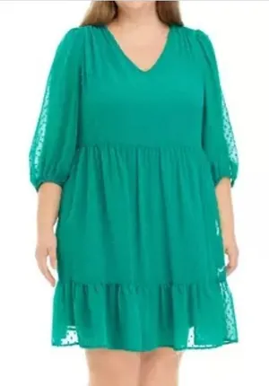 52Seven Babydoll Dress Women 1X Green Swiss Dot Tiered Boho Feminine Romantic thumbnail 1