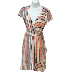 Free People Womens Striped Ruffle Wrap Mini Dress V-Neck Multi-Color Size Medium thumbnail 2