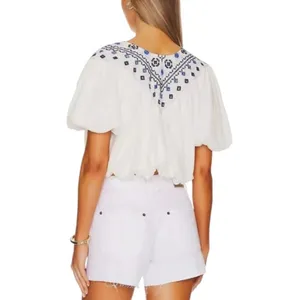 Free People Joni Top Boho Embroidered Puff Sleeve Cropped White Blue Women Small thumbnail 3