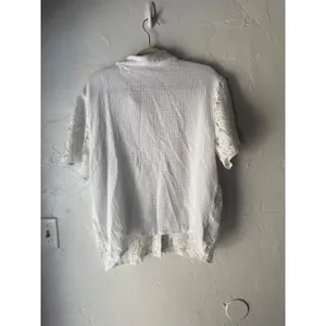 Peach White Lace Crochet Button Down Short Sleeve Shirt Top L Coquette Victorian thumbnail 5