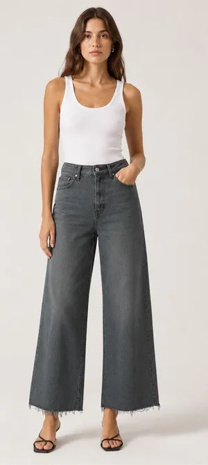 Zara Marine Straight High Rise Wide Leg Jeans Charcoal Gray Raw Hem Size 8 #1900 thumbnail 1