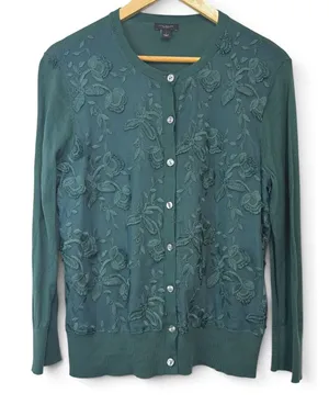 Ann Taylor Factory Teal Green Floral Embroidered Mesh Cardigan Sweater Large thumbnail 1