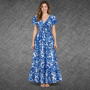Blue White Floral Smocked Puff Sleeve Maxi Dress Size M thumbnail 2