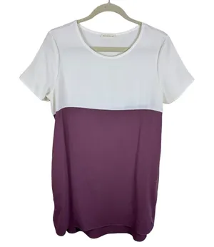 Stevie Hender‎ White Purple Mauve Short Sleeve Light Mini Shift Dress Pockets L thumbnail 1