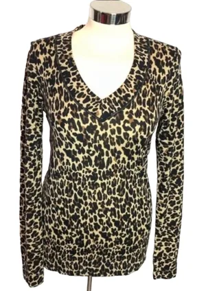 Tory Burch merino wool leopard print v-neck sweater Sz S‎ thumbnail 1