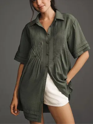 Anthropologie Pilcro Olive Green Short Sleeve Pintuck Tunic Shirt Dress Size Sm thumbnail 1