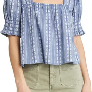 Treasure & Bond Blue Smocked Crop Blouse thumbnail 5