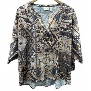 Chico's Women’s xl Aztec Brown Print Gold silky tie sleeves career Tribal Size 3 thumbnail 1