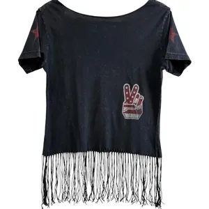 Affliction American Custom Rhinestone Fringe Tee Shirt Small Y2K Moto Biker Glam thumbnail 2
