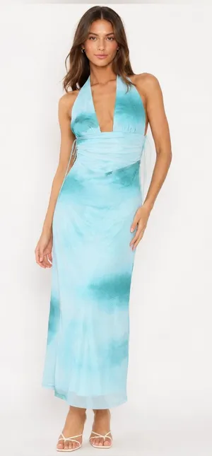 NWT Zara Aqua Watercolor Halter Midi Dress Size L thumbnail 1