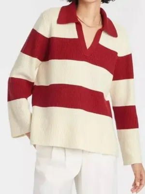 A New Day Rugby Stripe Polo Collar‎ Oversized Sweater Cream Red Large Preppy thumbnail 2