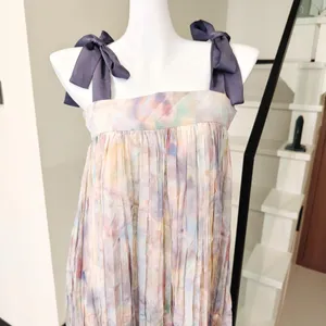 Pastel Tie Dye Pleated Maxi Dress Bow Tie Spaghetti thumbnail 2