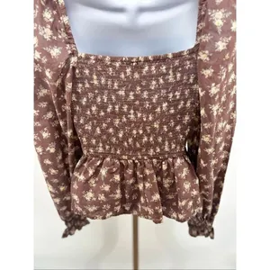 Dizzy Lizzy Smocked Peplum Floral Blouse XS Brown Boho Cottagecore Puff Sleeve thumbnail 9
