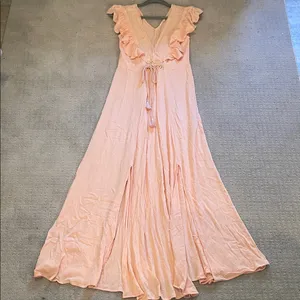 Lovestitch ruffled slit smocked maxi dress tassels new small peach pink rayon thumbnail 1