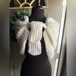 Vintage handmade knit cream sweater tie shoulder shawl, one size thumbnail 3