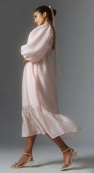 Anthropologie NWT By Textured Pink Puff-Sleeve Dress thumbnail 2