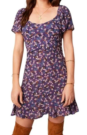 New Band Of The Free Floral Print Crossover Waist Mini Dress Purple Size Medium thumbnail 1
