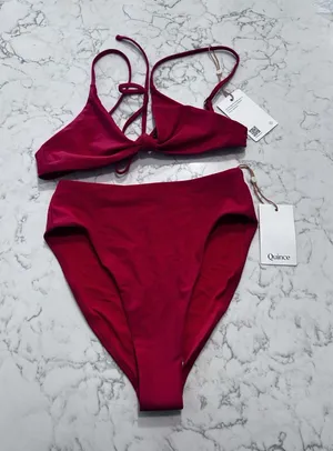 NWT Quince Cherry Red Knot Tie Bikini Top & High Rise High Leg Bottom Set Small thumbnail 1